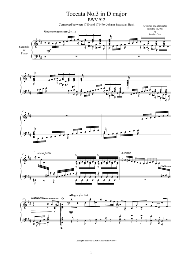 Bach - Toccata No.3 in D major BWV 912 for Harpsichord or Piano - Complete score (arr. Santino Cara)
