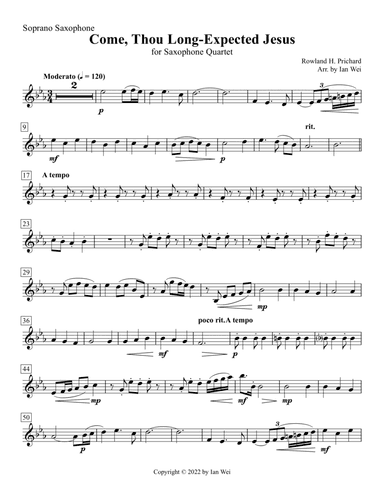 Come, Thou Long-Expected Jesus for Saxophone Quartet (arr. Ian Wei)