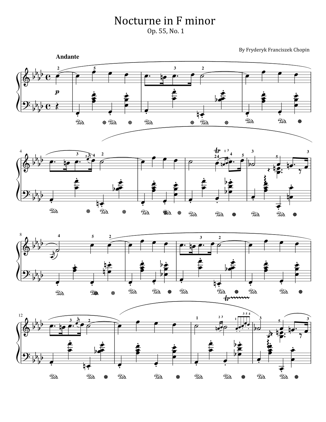 Chopin - Nocturne in F minor Op. 55, No. 1 - Original With Fingered (arr. poon)