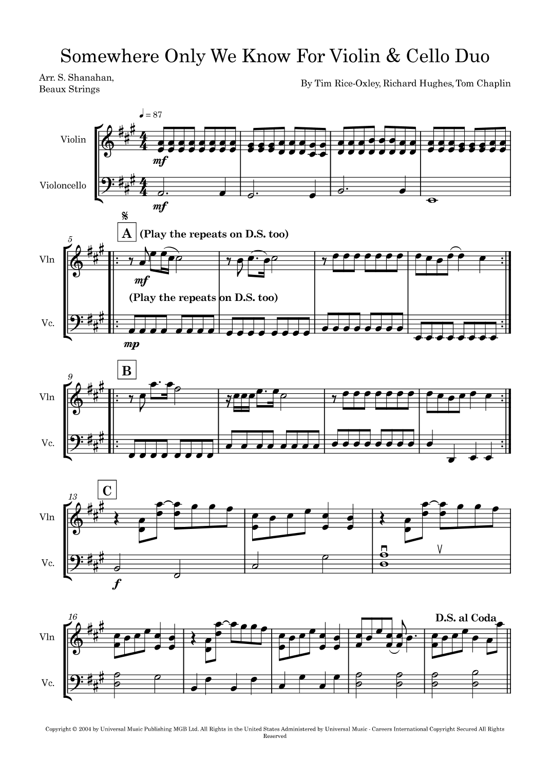 Somewhere Only We Know (arr. Sybil Shanahan, Beaux Strings)