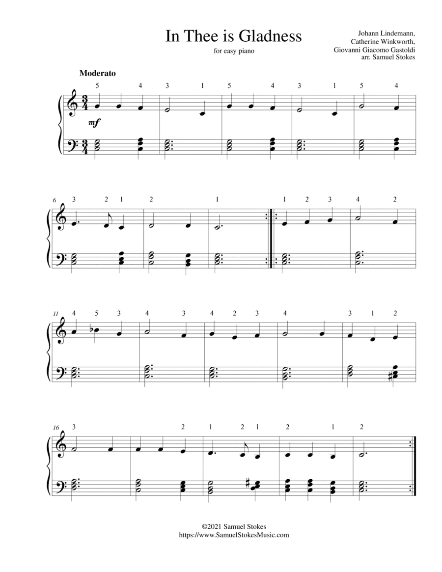 In Thee is Gladness - for easy piano (arr. Samuel Stokes)