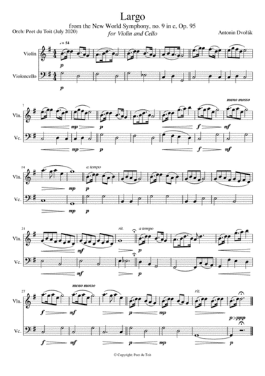 Largo from the New World Symphony no. 9 in e, Op.95 - A Dvorák (Violin & Cello) (arr. Peet du Toit)