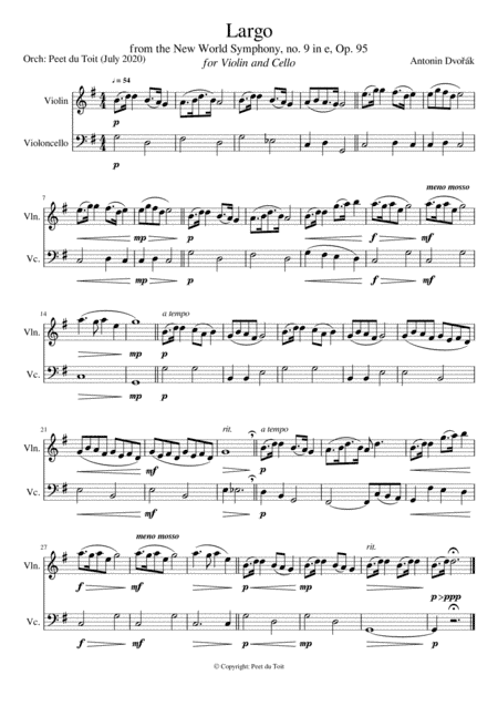 Largo from the New World Symphony no. 9 in e, Op.95 - A Dvorák (Violin & Cello) (arr. Peet du Toit)