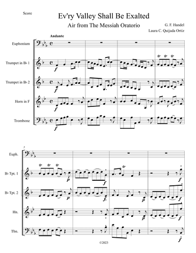 Ev'ry Valley Shall Be Exalted, from The Messiah. Solo euphonium & brass quartet. Score & parts. (arr. Laura C. Quijada Ortíz)