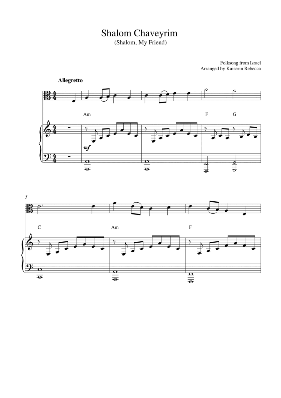 Shalom Chaveyrim (Shalom, My Friend) (for viola solo and piano accompaniment) (arr. Kaiserin Rebecca)