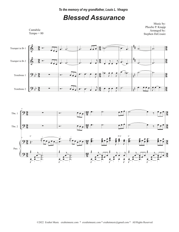 Blessed Assurance (Brass Quartet and Piano - Alternate Version) (arr. Stephen DeCesare)