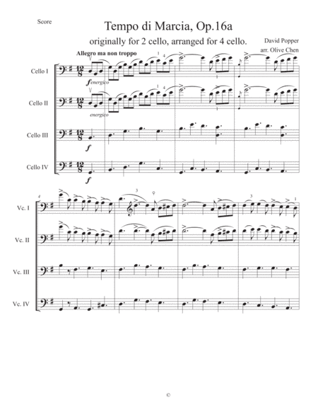 Tempo di Marcia by David Popper, originally for 2 cellos, arranged for cello quartet (arr. Olive Chen)