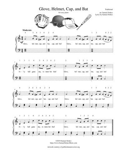 Glove, Helmet, Cap, and Bat (baseball, softball, or t-ball song!) - for easy piano (optional voice) (arr. Samuel Stokes)