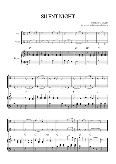 Silent Night for viola duet with piano accompaniment • easy Christmas song sheet music (w/ chords) (arr. Benzaiten Editions)
