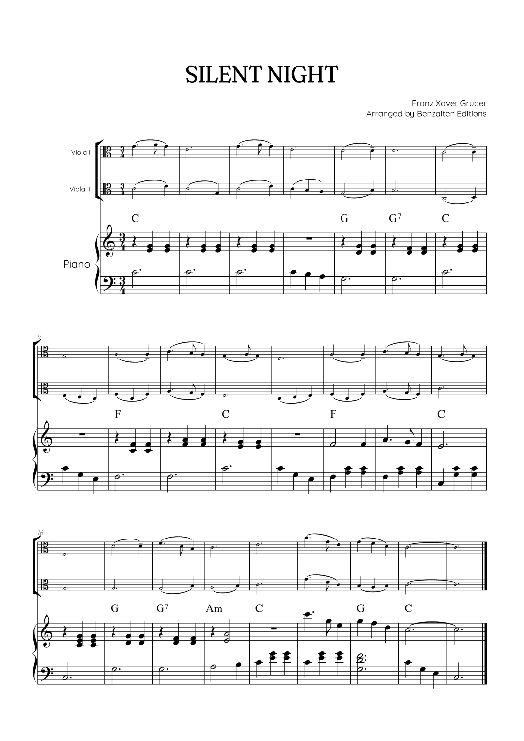 Silent Night for viola duet with piano accompaniment • easy Christmas song sheet music (w/ chords) (arr. Benzaiten Editions)