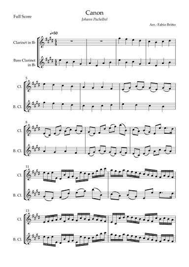 Canon - Johann Pachelbel (Wedding/Reduced Version) for Clarinet in Bb & Bass Clarinet in Bb Duo (arr. Fabio Britto)