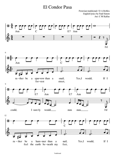 El Condor Pasa - lead sheet with suggested strumming pattern and YouTube backing track (arr. Christy Kalfas)