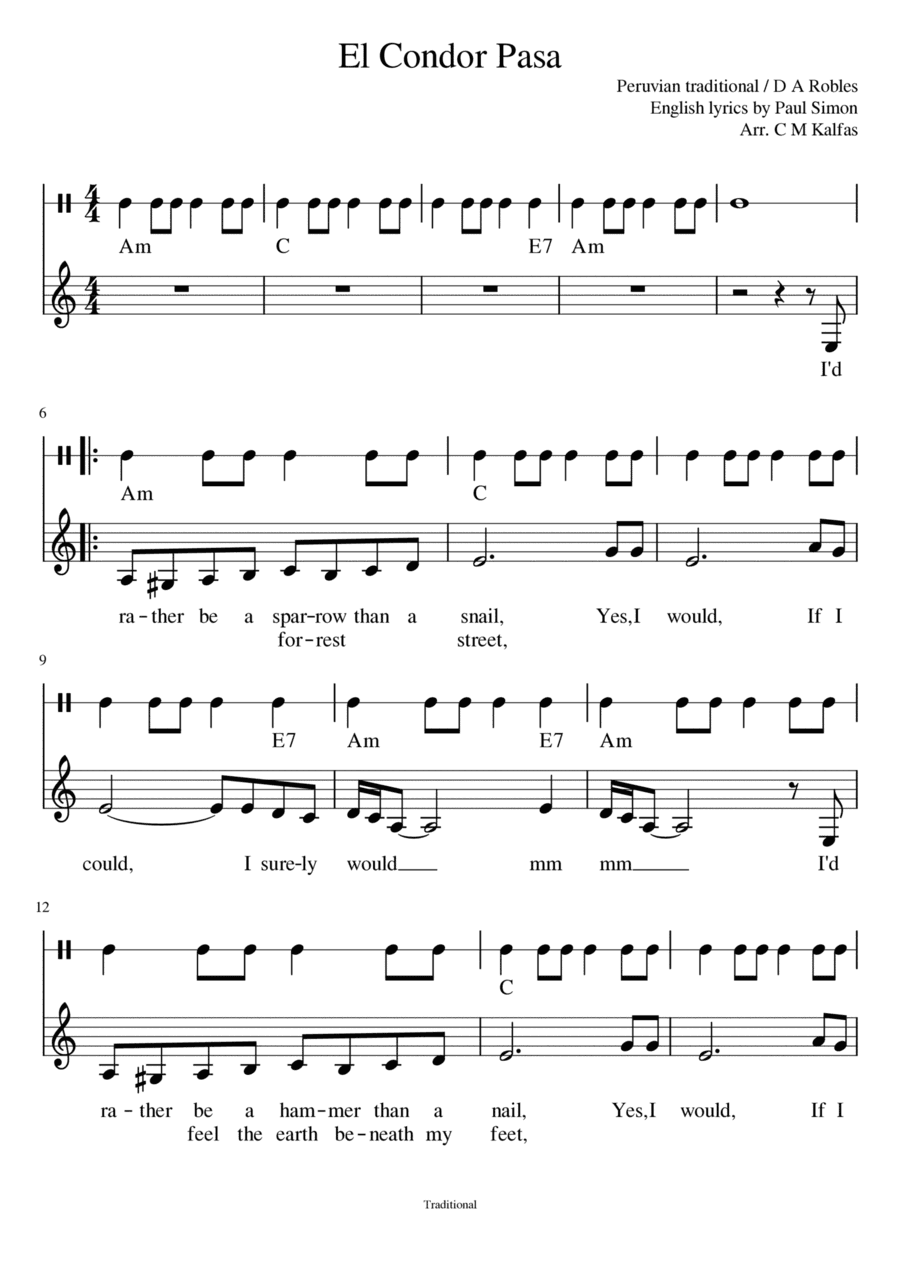 El Condor Pasa - lead sheet with suggested strumming pattern and YouTube backing track (arr. Christy Kalfas)