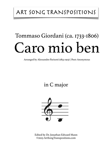 GIORDANI: Caro mio ben (transposed to C major, B major, and B-flat major) (arr. ArtSongTranspositions.com)