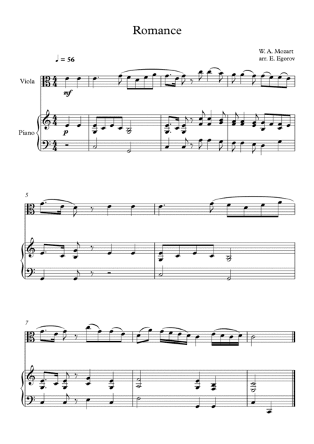 Romance, Wolfgang Amadeus Mozart, For Viola & Piano