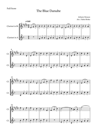 The Blue Danube (Waltz by Johann Strauss) for Clarinet in Bb & Clarinet in A Duo (arr. Fabio Britto)