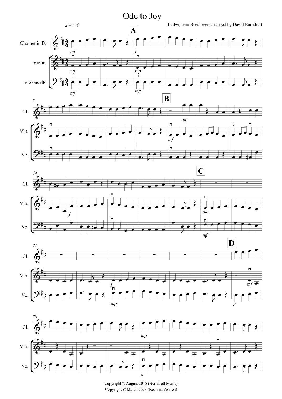 Ode to Joy for Clarinet, Violin and Cello Trio (arr. David Burndrett)