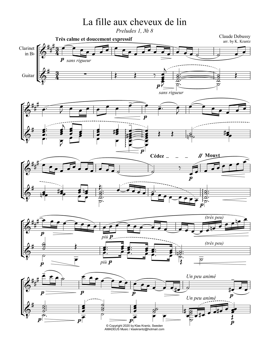 La fille aux cheveux de lin / The girl with the flaxen hair for clarinet in Bb and guitar (arr. K. Krantz)