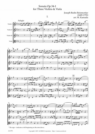 Sonata Op.34-1 for Three Violins & Viola (arr. Mikio Kamada)