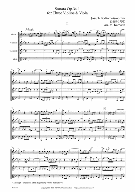 Sonata Op.34-1 for Three Violins & Viola (arr. Mikio Kamada)