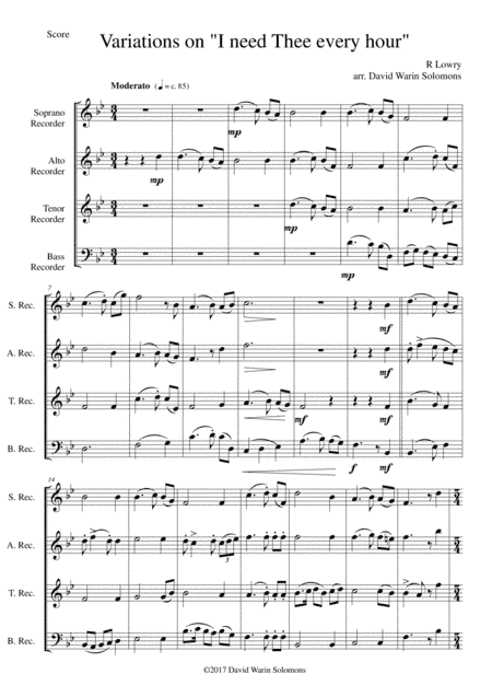 Variations on I need Thee every hour for recorder quartet (arr. David Warin Solomons)