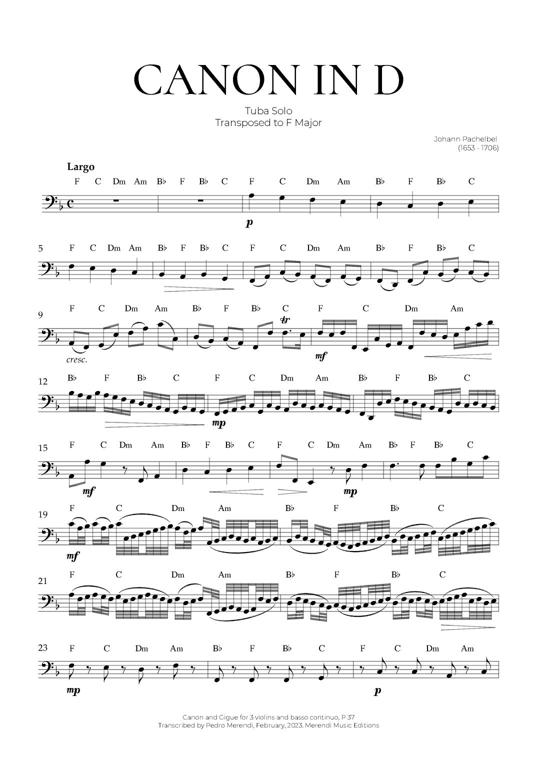 Canon in D (Tuba Solo) - Johann Pachelbel (arr. Pedro Merendi)
