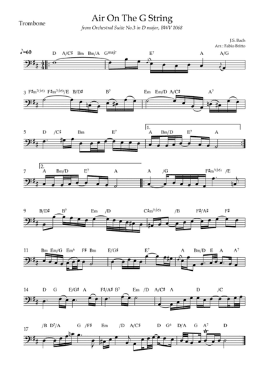 Air On The G String (J.S. Bach) for Trombone Solo with Chords (arr. Fabio Britto)
