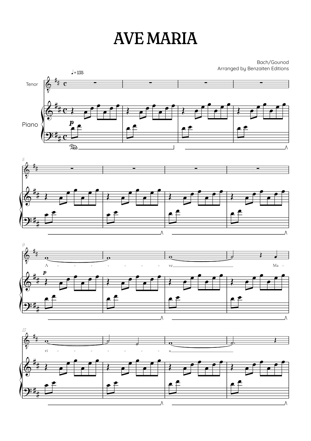 Bach / Gounod Ave Maria in D major • tenor sheet music with piano accompaniment (arr. Benzaiten Editions)