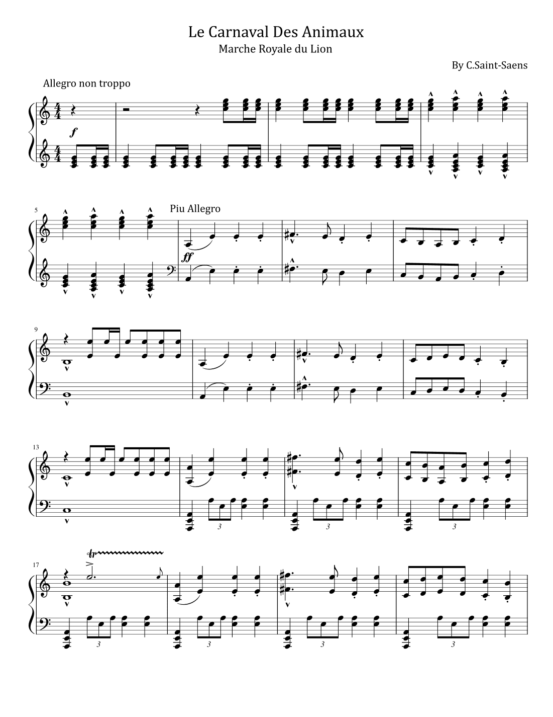 C.Saint-Saens - Le Carnaval des Animaux - Marche Royale du Lion - For Piano Solo Original (arr. poon)