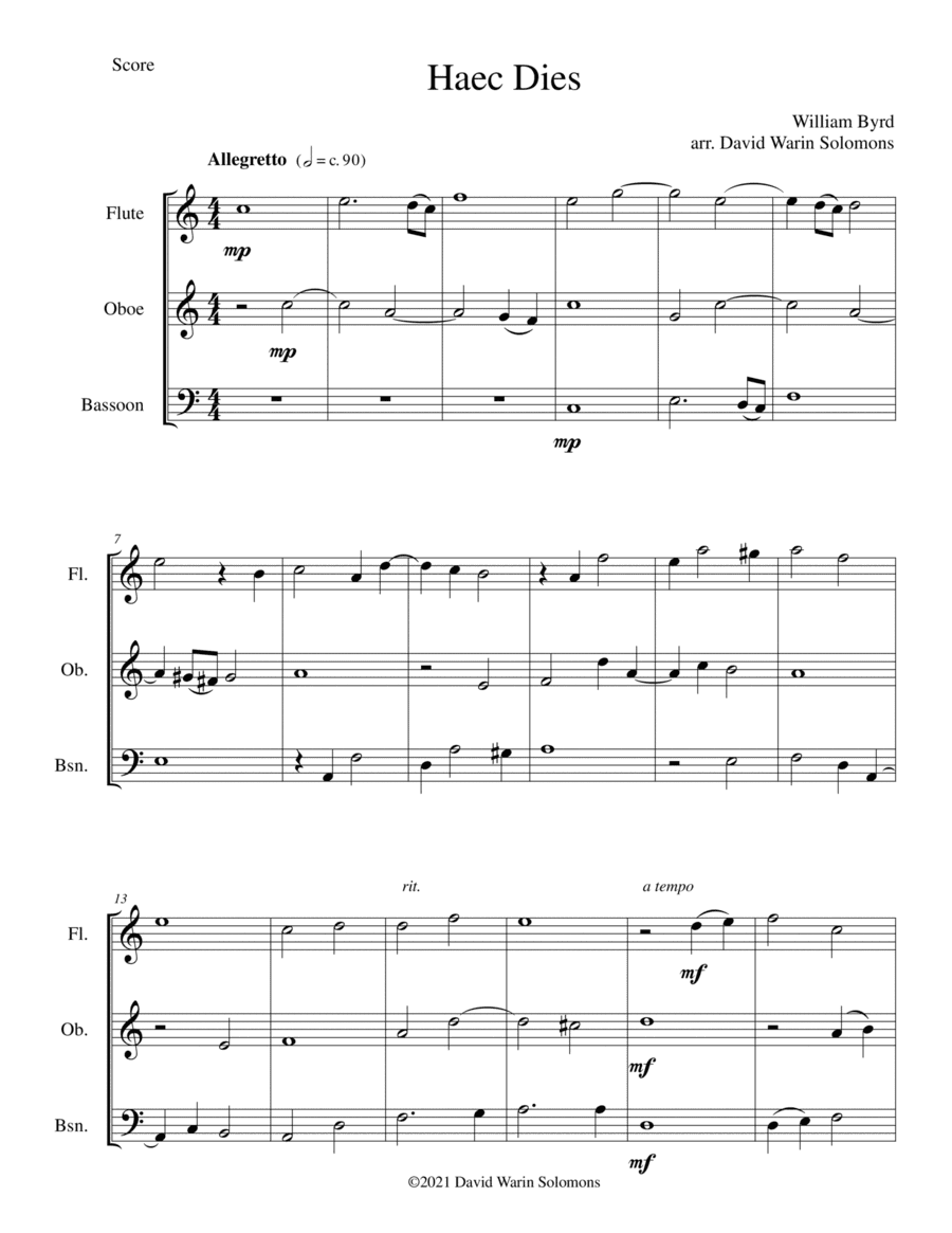 Haec Dies a 3, for wind trio (flute, oboe, bassoon) (arr. David Warin Solomons)