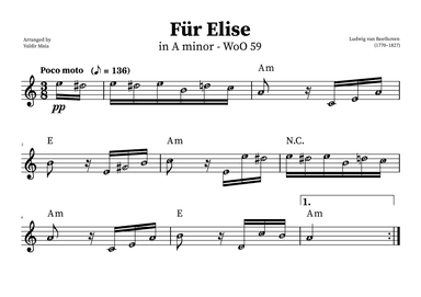 Fur Elise (+CHORDS) | WITH NOTE NAMES (arr. Valdir Maia)