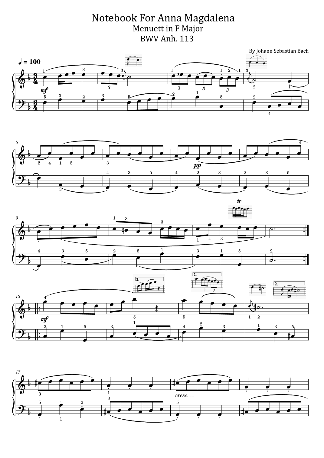 Bach Menuett in F Major - BWV Anh.113 - Notebook For Anna Magdalena Bach - Original (arr. poon)