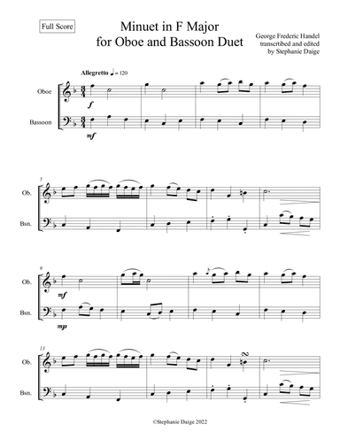 Handel Minuet in F Major for Oboe and Bassoon duet (arr. Stephanie Daige)