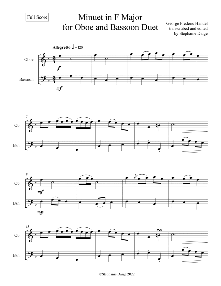 Handel Minuet in F Major for Oboe and Bassoon duet (arr. Stephanie Daige)