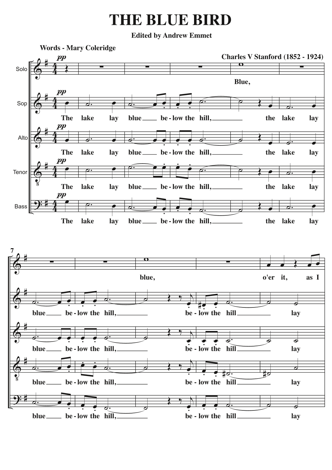 The Blue Bird A Cappella SATB +Sop Solo in G Major (arr. Edited by Andrew Emmet)