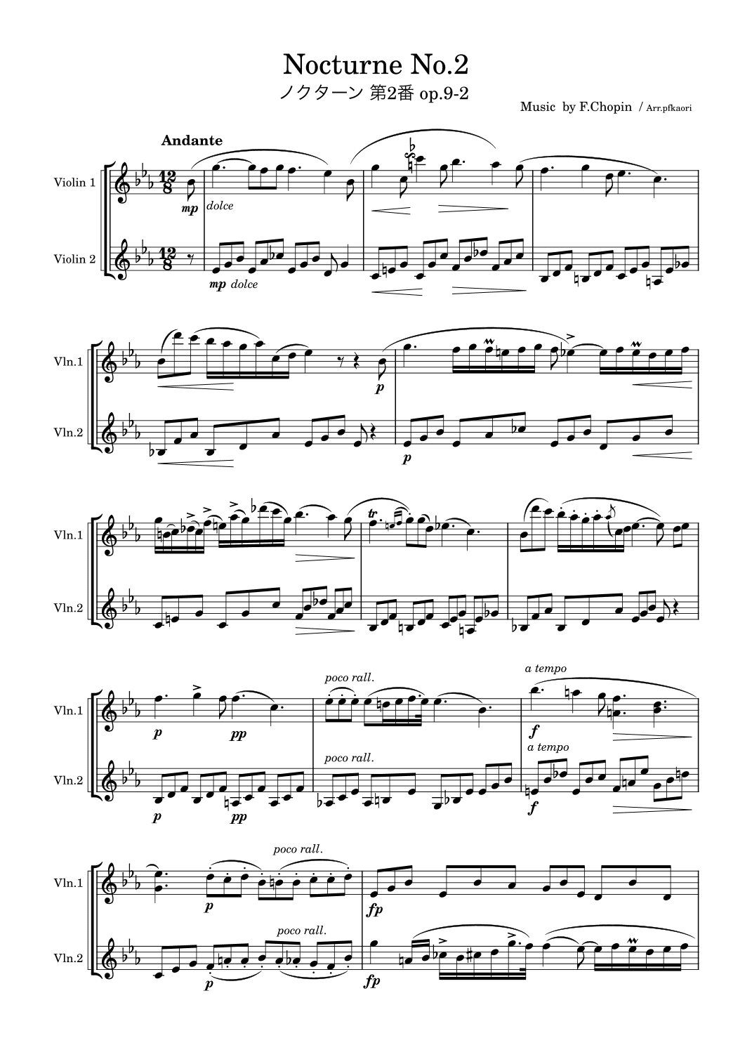 "Nocturne op.9-2" Violin duet non accompaniment, 2ver (arr. pfkaori)