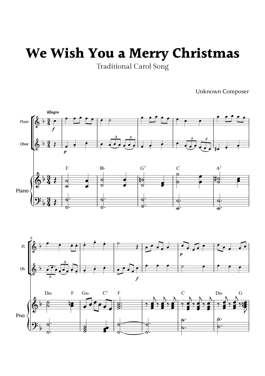 We Wish you a Merry Christmas for Flute and Oboe Duet with Piano (arr. Rika K.)
