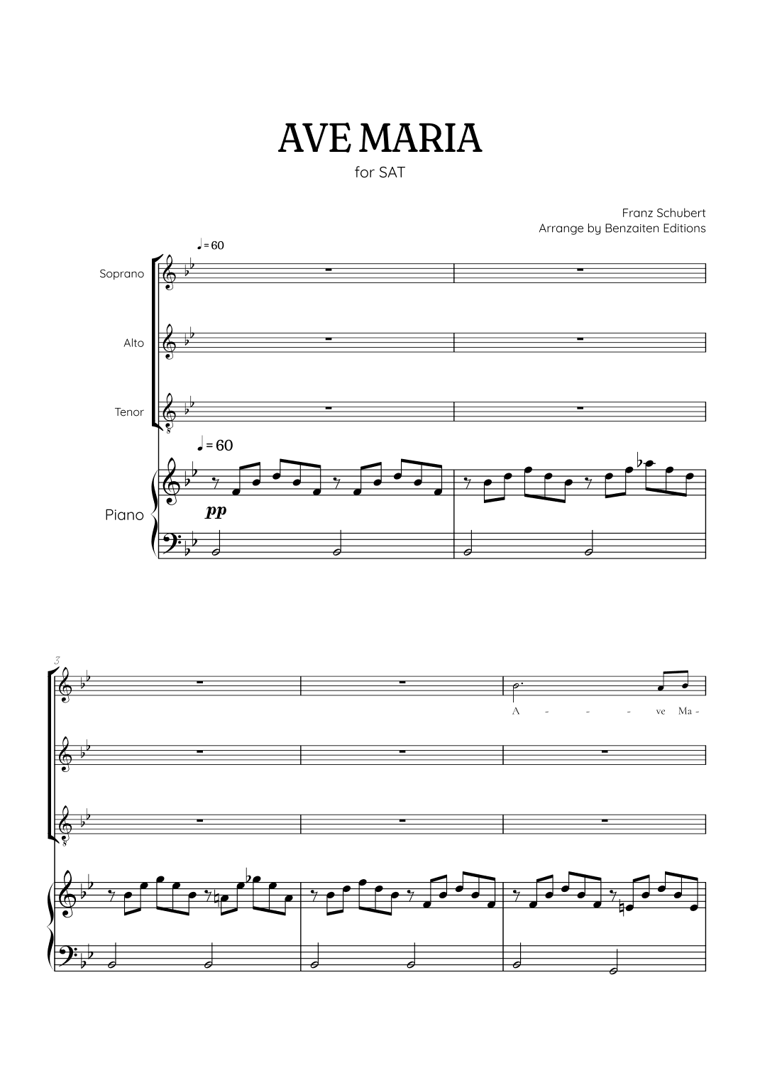 Schubert Ave Maria • SAT choir sheet music with easy piano accompaniment (arr. Benzaiten Editions)
