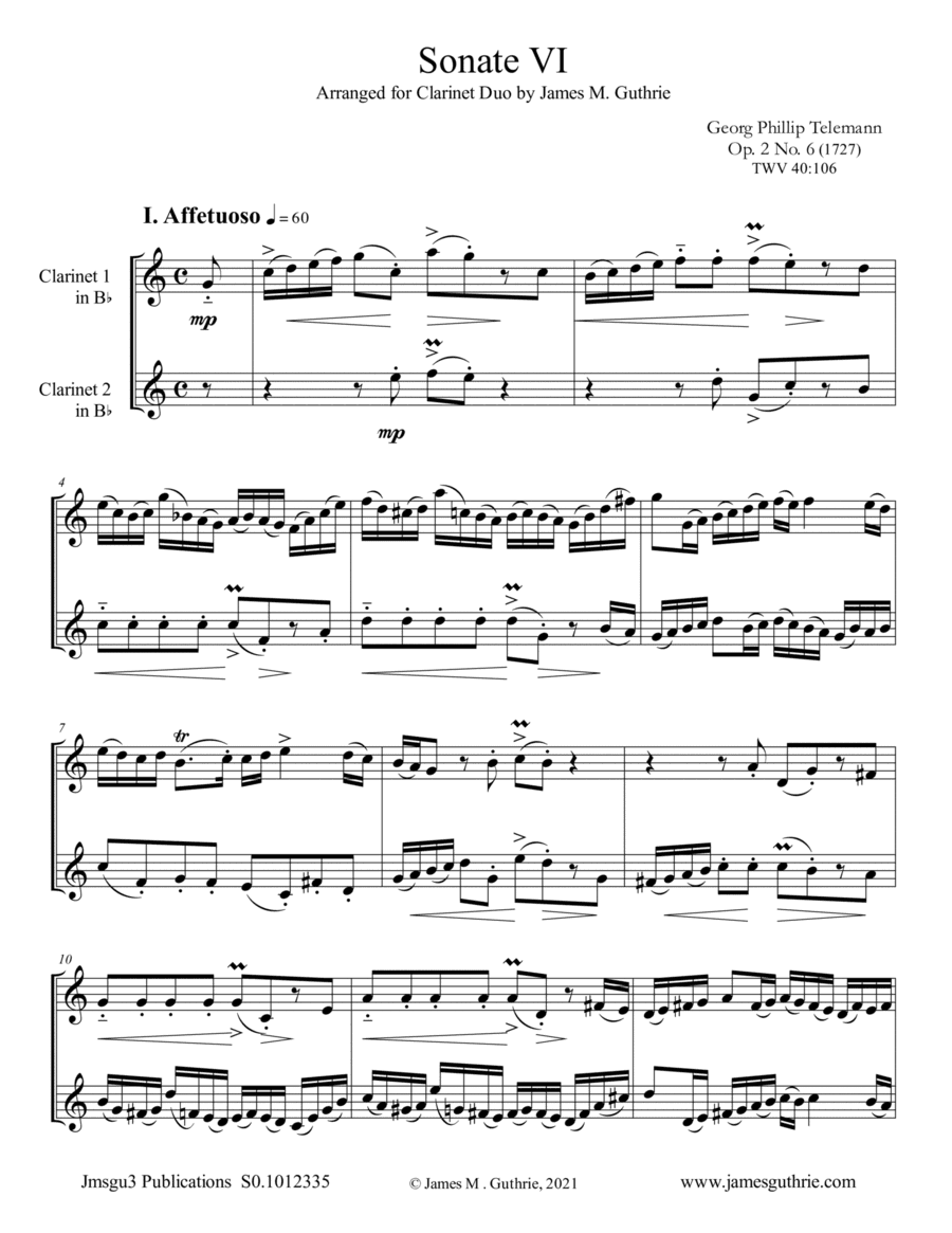 Telemann: Sonata Op. 2 No. 6 for Clarinet Duo (arr. James M. Guthrie)