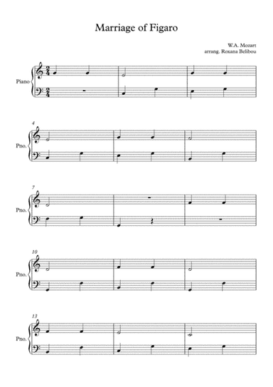 Non Piu Andrai, Farfallone Amoroso by Mozart Easy Piano (arr. Roxana Belibou)
