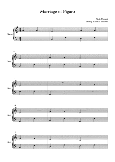 Non Piu Andrai, Farfallone Amoroso by Mozart Easy Piano (arr. Roxana Belibou)