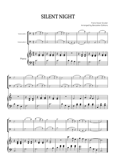 Silent Night for cello duet with piano accompaniment • easy Christmas song sheet music (arr. Benzaiten Editions)