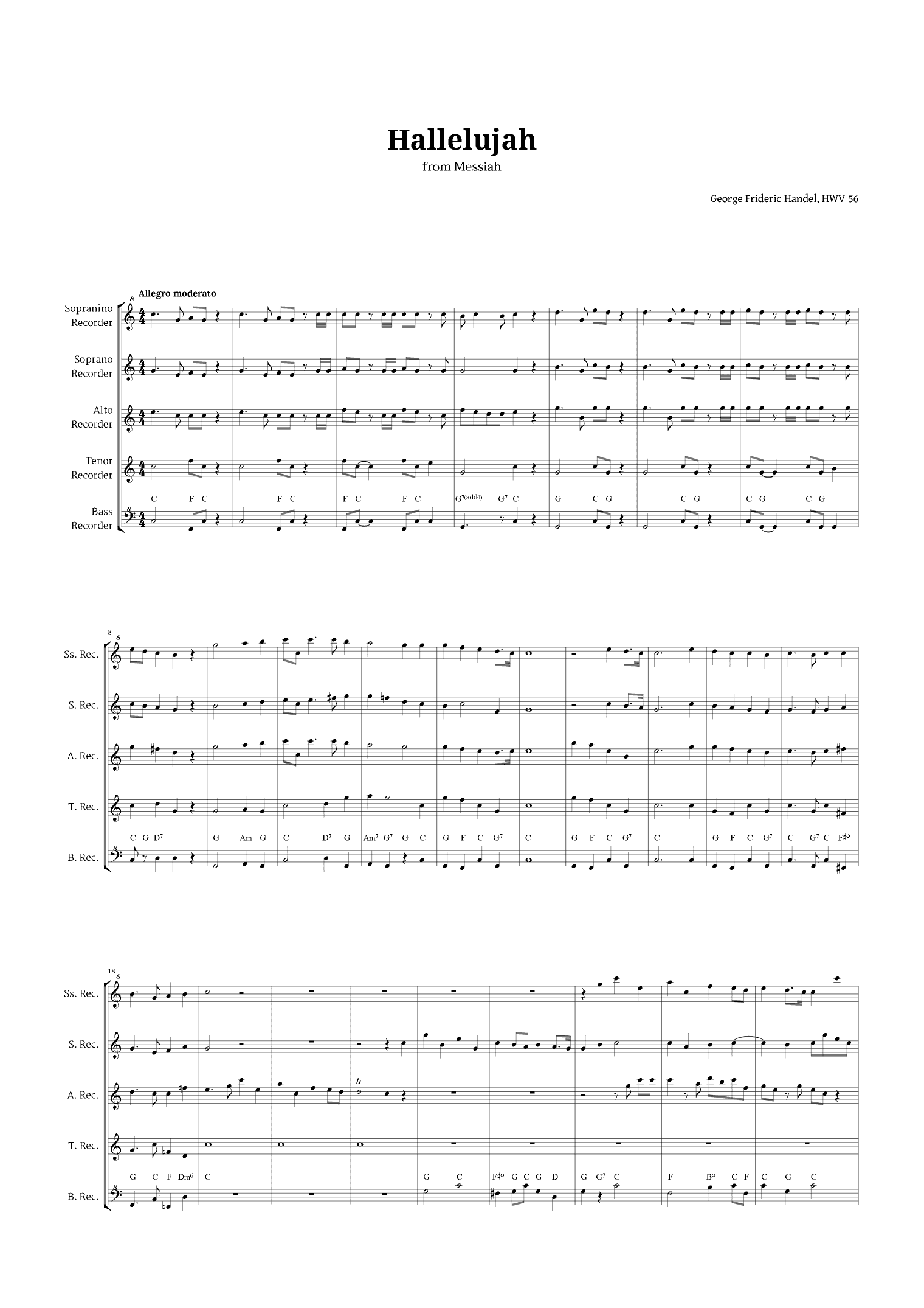 Hallelujah by Handel for Recorder Quintet (arr. Langanho)