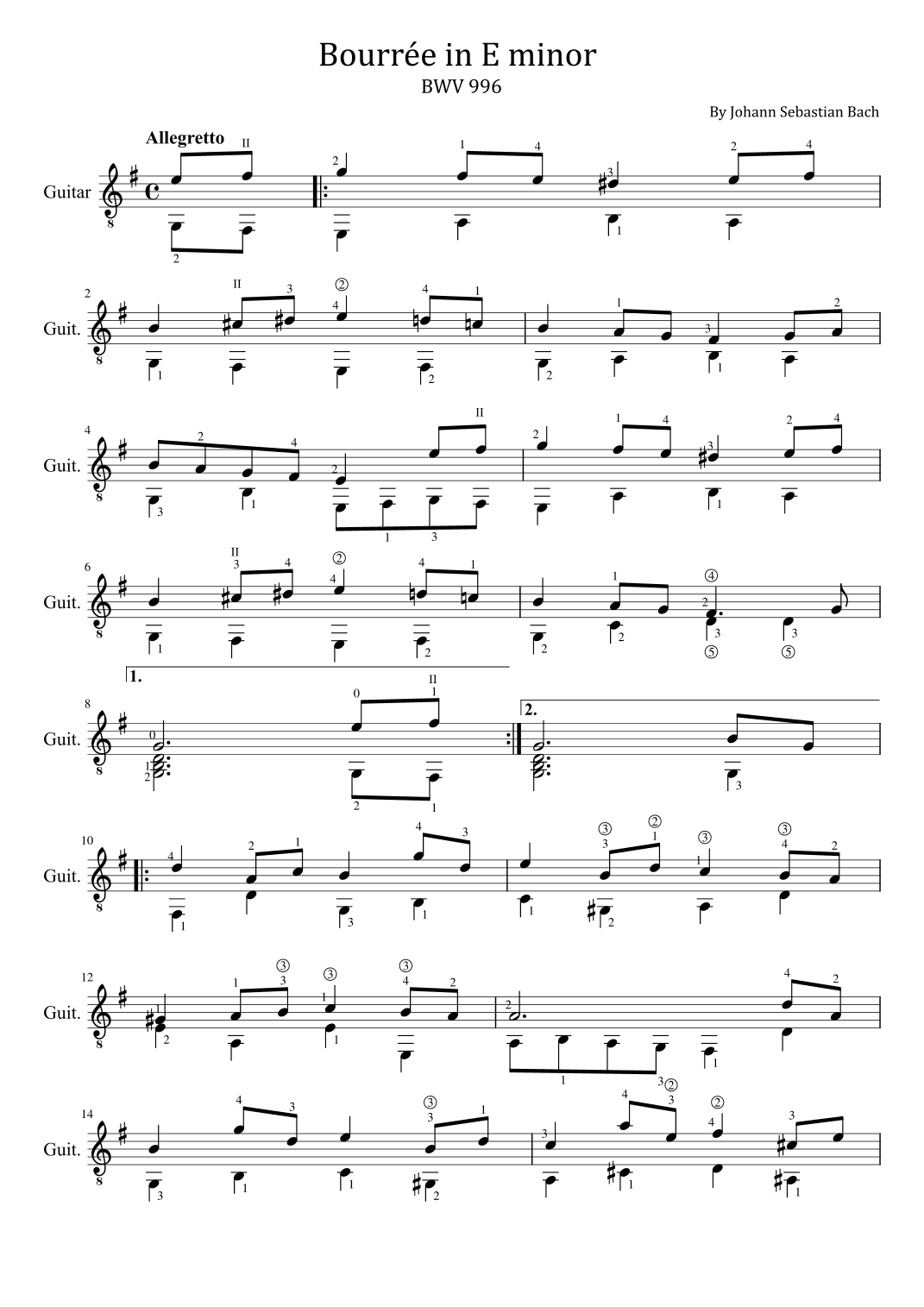 Bach - Bourrée in E minor - BWV 996 - Original With Fingered - For Guitar Solo (arr. poon)