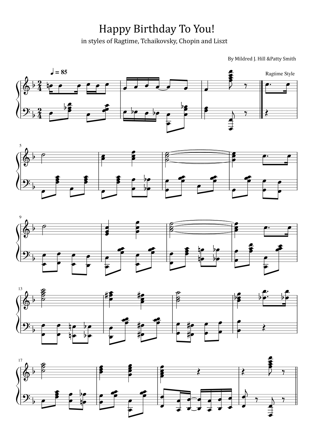 Happy Birthday To You - in styles of Ragtime, Tchaikovsky, Chopin and Liszt - For Piano Solo (arr. poon)