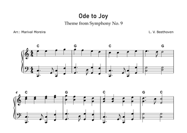 Ode to Joy - Beethoven (Intermediate piano) - Score and Chords (arr. Marival Moreira)
