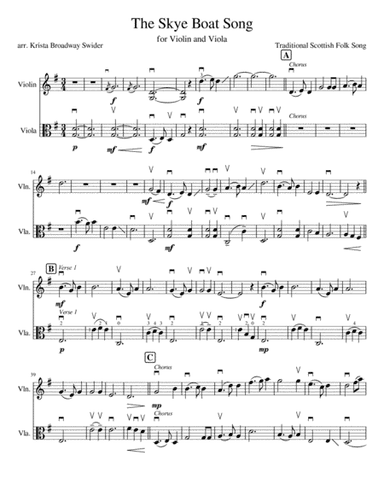 Skye Boat Song (used on Outlander) for Violin and Viola (arr. Krista Broadway Swider)