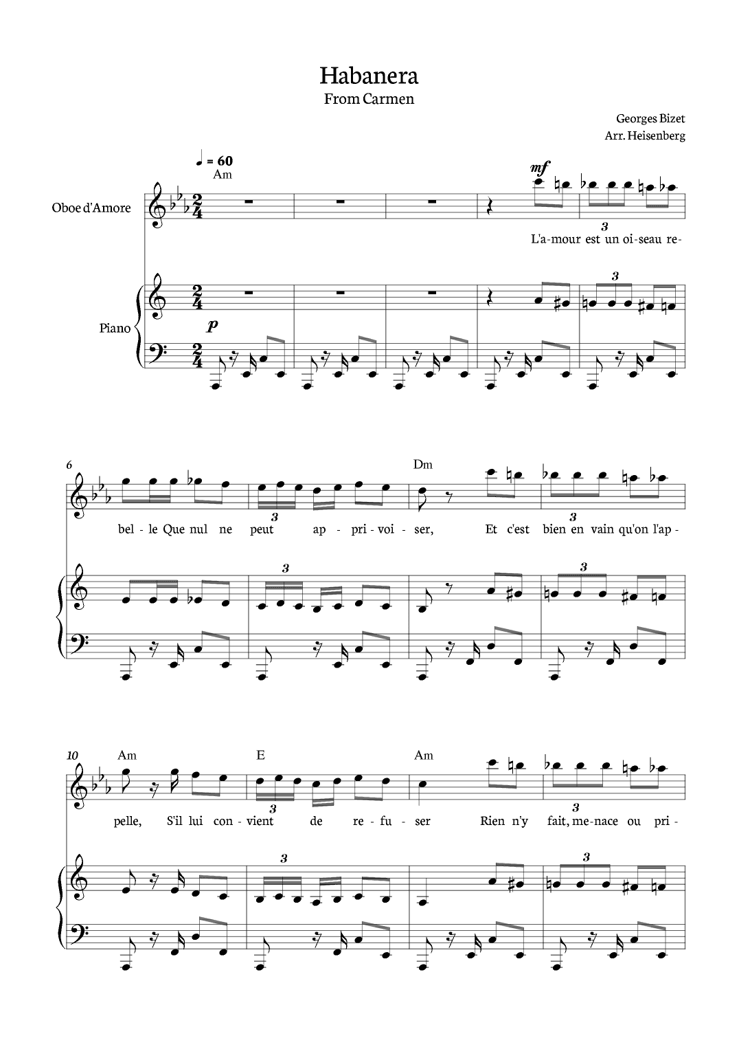 Habanera from Carmen for Oboe D'amore with piano and chords. (arr. Heisenberg)