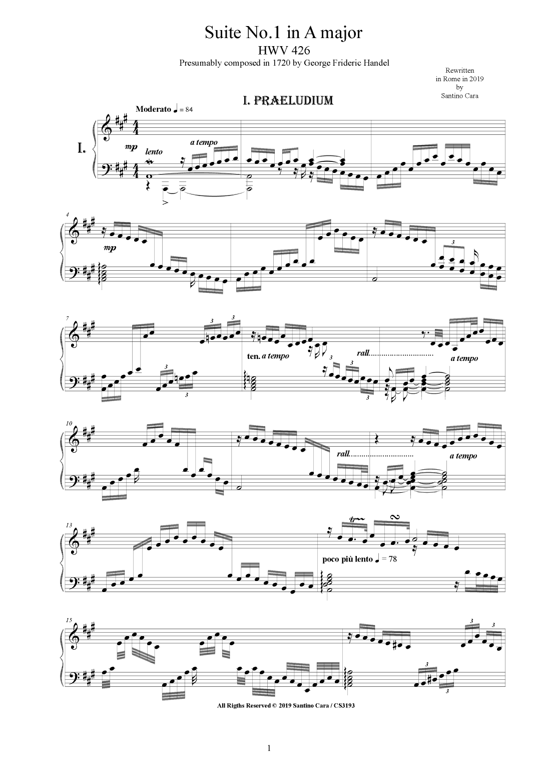 Handel - Piano Suite No.1 in A major HWV 426 (arr. Santino Cara)