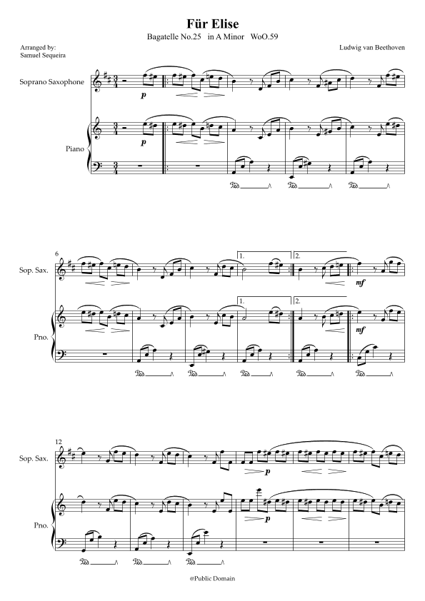 Für Elise (For Elise) - for Soprano Saxophone and Piano accompaniment - with Piano Play along (arr. Samuel Sequeira)